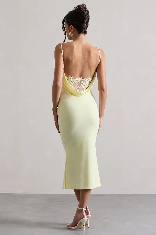 Women's Clothing For Holiday Travel Contemporary Elegance Addison | Lemon Cowl-Neck Open-Back Midi Dress With Lace