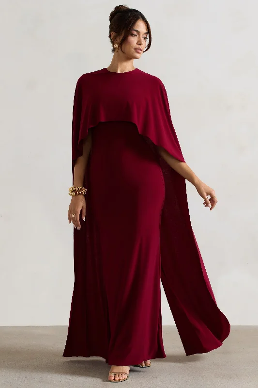 Women's Work Apparel Disco - Inspired Retro Dance Look Padma | Berry Draped Maxi Dress With Cape Sleeves