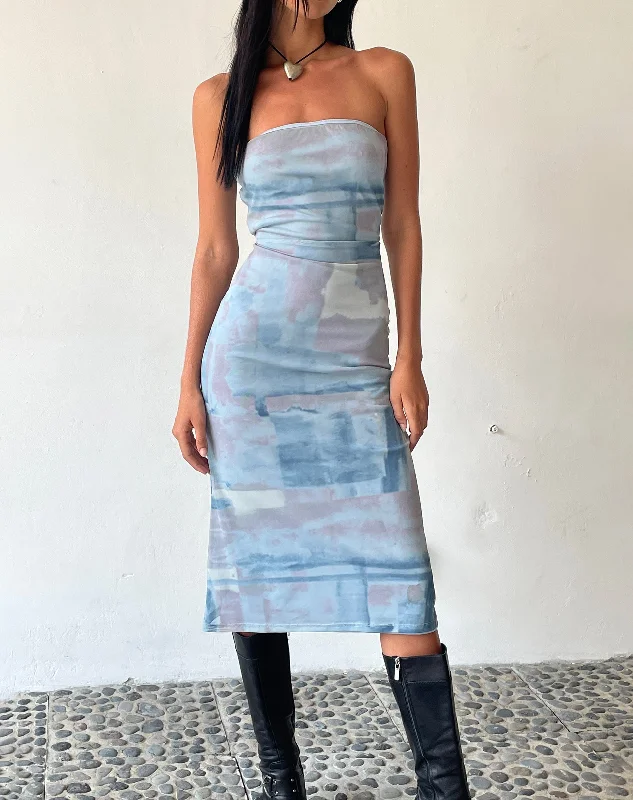 High-Fashion Women's Clothing Feminine Grace MOTEL X JACQUIE Suki Bandeau Midi Dress in Mesh Abstract Paint Brush Blue