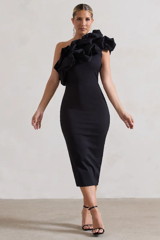 Women's Casual Wear Clothing Graceful Drape Orchestra | Black One Shoulder Ruffled Midi Dress