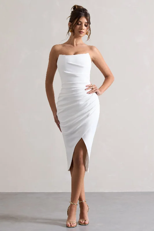 Casual Chic Clothing For Women Art Deco Geometric Pattern Look Soulmate | White Bandeau Midi dress