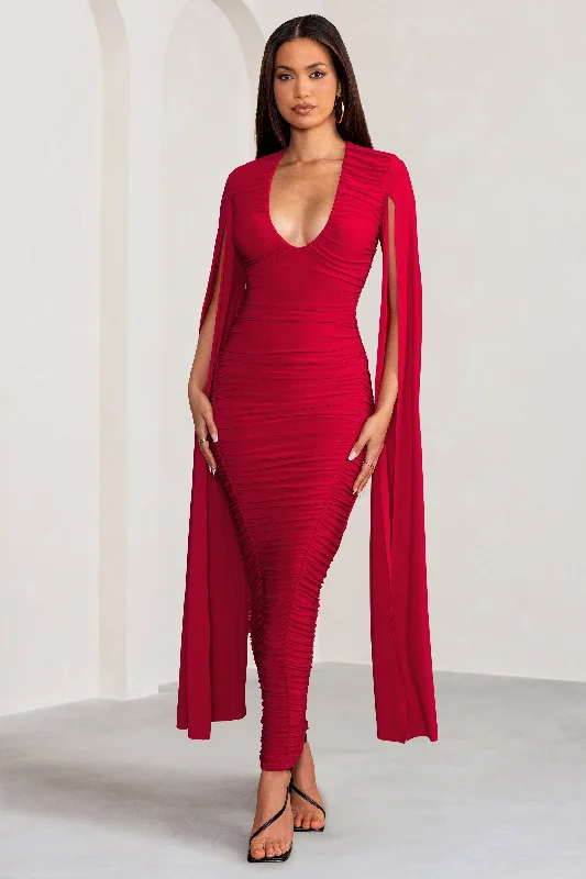 Chic Clothes For Women Nordic Minimalist Home Look Georgiana | Red Plunge Ruched Maxi Dress with Cape Sleeves