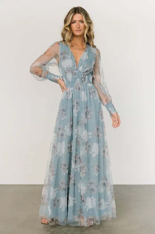 Women's Seasonal Attire Ethnic Cultural Event Wear Layla Tulle Maxi Dress | Light Blue Floral