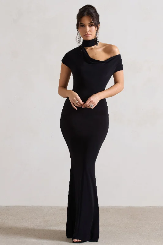 Formal Attire For Women Refined Simplicity Margaux | Black One-Shoulder Maxi Dress With Halter-Collar