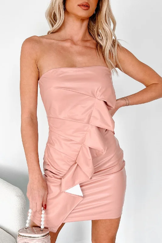 Women's Clothing For Everyday Wear Flowing Silhouette Charmingly Yours Strapless Faux Leather Mini Dress (Dusty Pink)