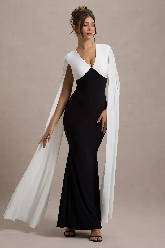 Affordable Luxury Women's Apparel Effortless Grace Grace Kelly | Black & White Plunge-Neck Maxi Dress With Cape Sleeves