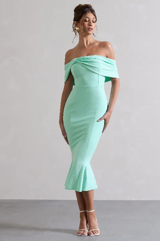 Women's Comfy Attire For Lounging Coastal Beach - Inspired Style Lydia | Mint Bardot Bow Detail Midi Dress