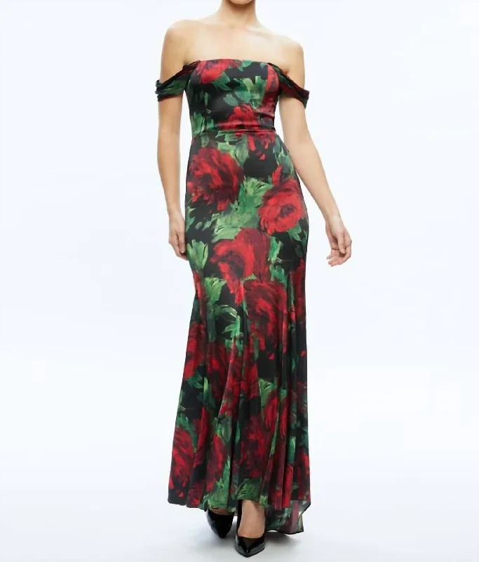 Sustainable Fashion Clothing For Women Soft Textures Azra Off Shoulder Maxi Dress In Floral Bordeaux