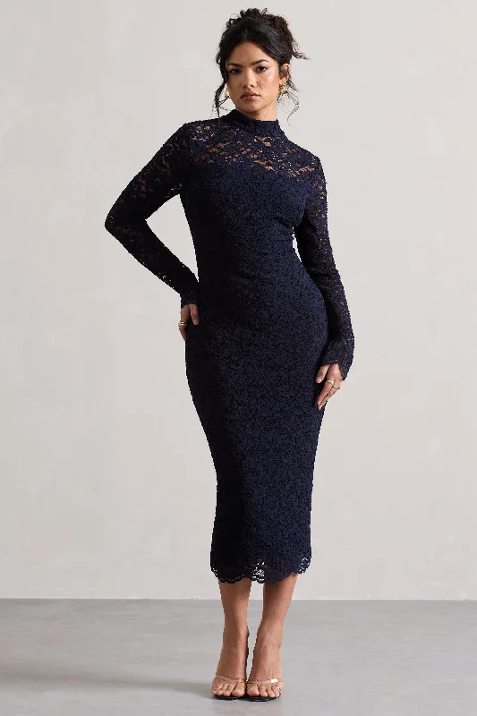 Casual Apparel For Women Artful Design Rumour | Navy Lace High-Neck Midi Dress