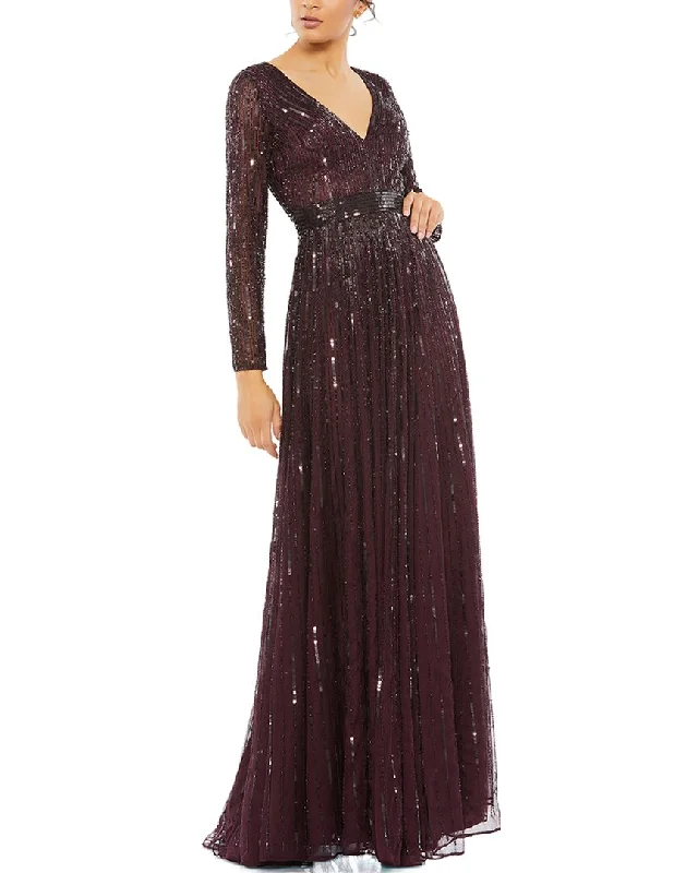 Comfortable Women's Clothes Flash Sale Mac Duggal Sequined V Neck Illusion Sleeve A Line Gown