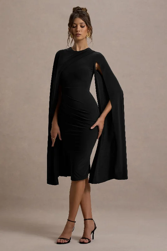 Women's Party Outfit Flash Sale Marysol | Black Asymmetric Cape Midi Dress