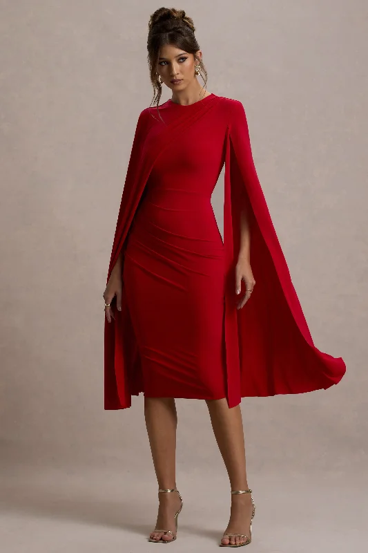 Women's Work Outfit Big Savings on Minimalist Office Styles Marysol | Red Asymmetric Cape Midi Dress