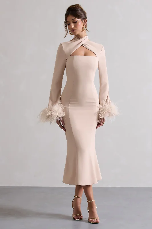 Women's Vintage-Inspired Outfit Casual Elegance Monroe | Champagne Cross Halter-Neck Midi Dress With Feather Cuffs