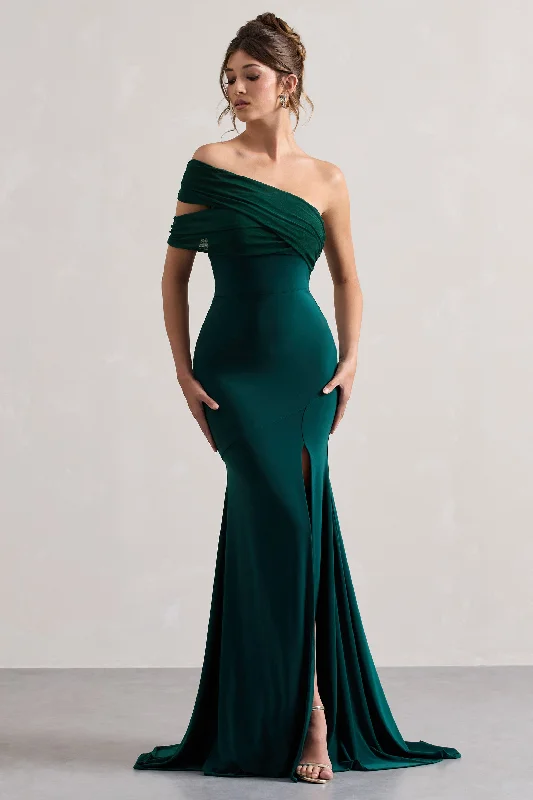 Plus-Size Women's Garments Subtle Sophistication Fused | Bottle Green Asymmetric Bardot Split Maxi Dress