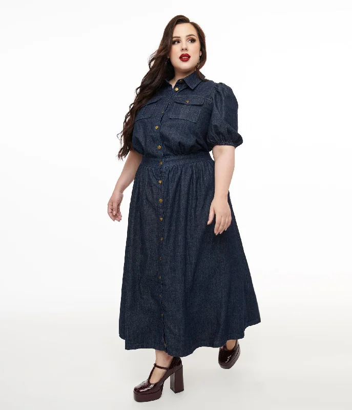 Women's Resort Apparel Ethnic Cultural Event Wear Plus Size Blue Denim Get The Look Midi Dress