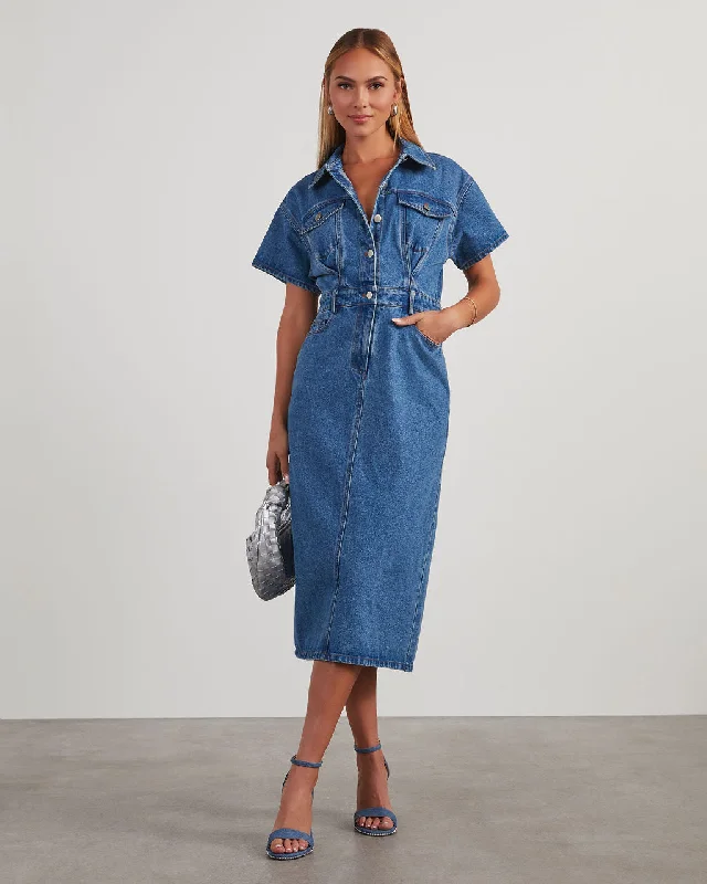 Women's Date Night Outfit Graceful Drape Beckford Collared Denim Midi Dress