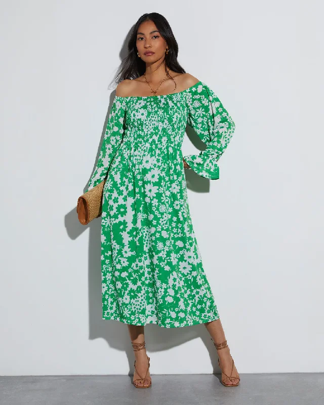 Elegant Clothing For Women Lightweight Fabric April Floral Off The Shoulder Midi Dress