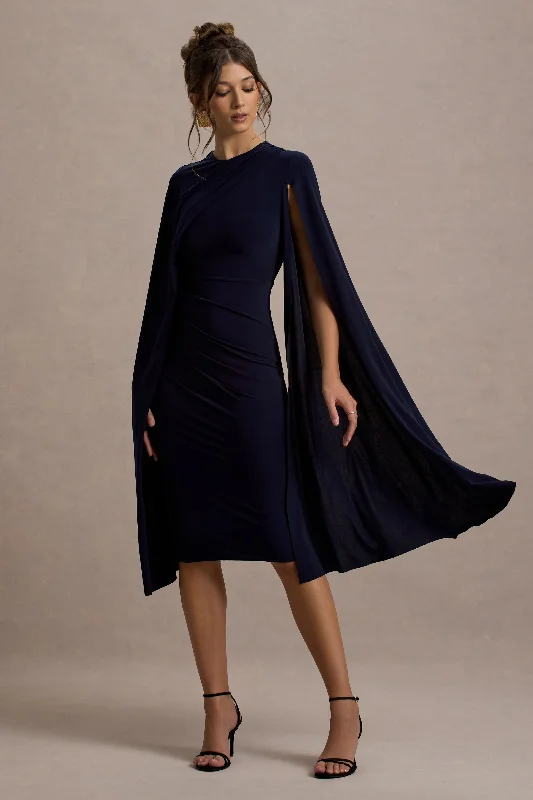 Women's Casual Outfit Limited - Edition Drops Marysol | Navy Asymmetric Cape Midi Dress