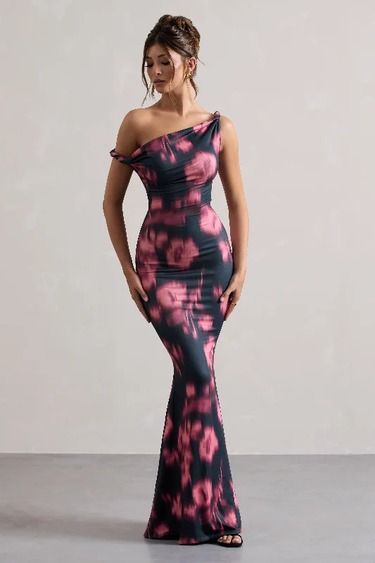 Charming Women's Holiday Apparel Lightweight Fabric Lita | Pink Abstract Print Twisted Asymmetric Maxi Dress