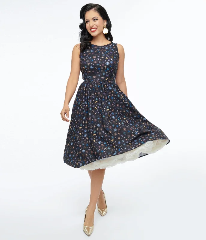 Formal Attire For Women Feminine Elegance Retrolicious 1950s Black Celestial Stars & Moon Print Midi Dress