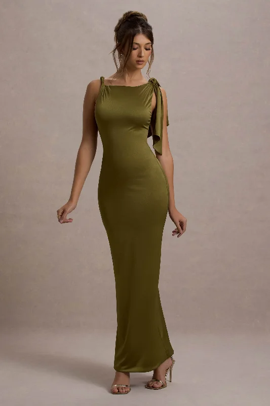 Women's Contemporary Apparel Feminine Soft - Hued Styles Kacey | Olive Twisted Knot Maxi Dress