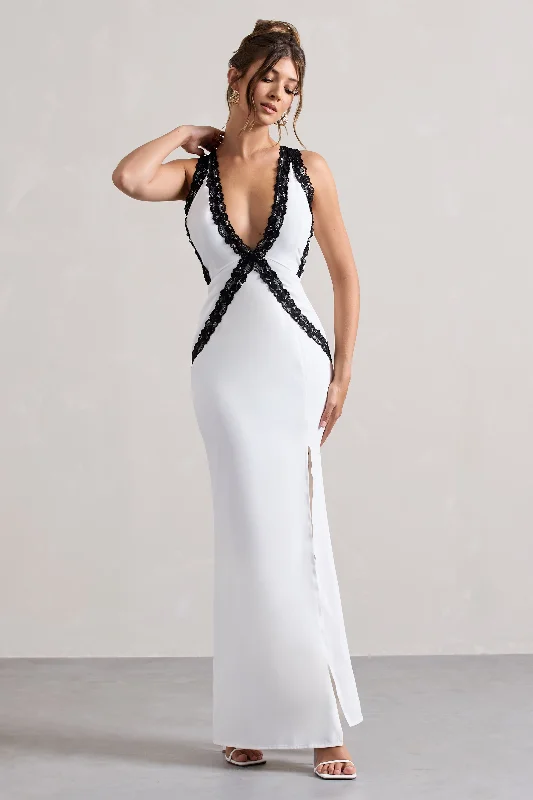 Affordable Luxury Women's Garments Artful Design Cirilla | White Plunge-Neck Split Maxi Dress With Lace Detail