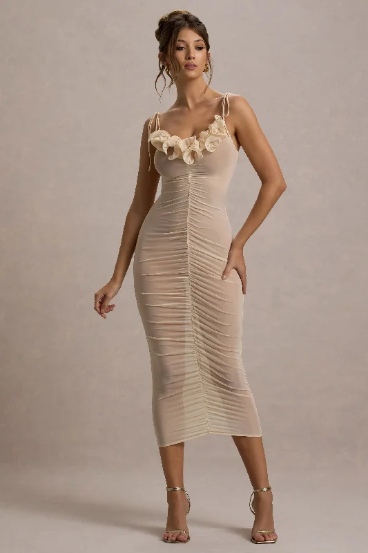 Timeless Women's Clothing Feminine Soft - Hued Look Jesi | Cream Mesh Ruched Midi Dress With Ruffles