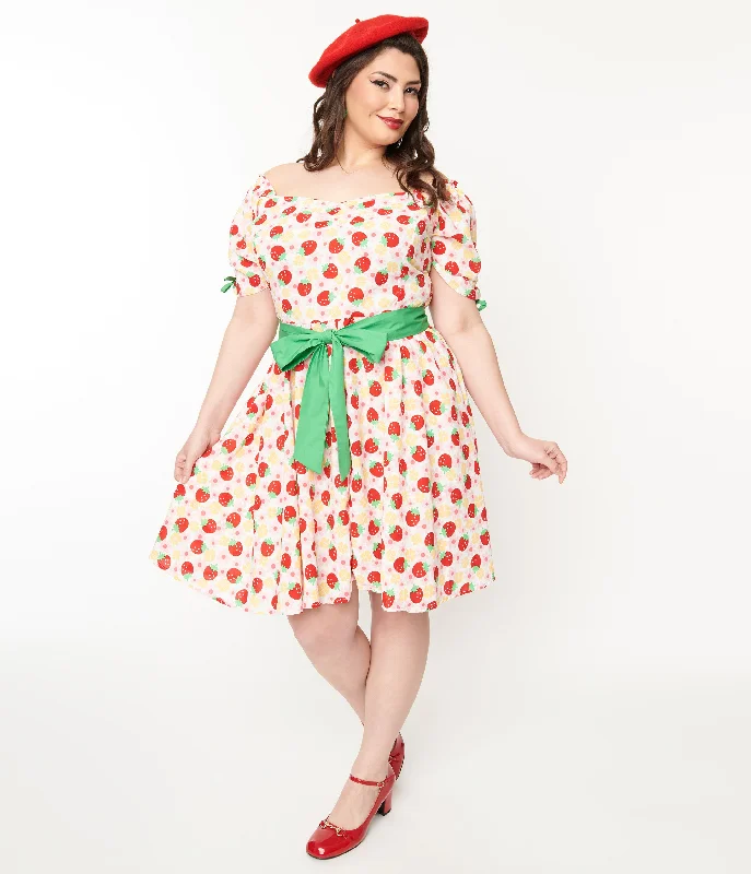 Stylish And Comfortable Clothing For Women Minimalist Chic Unique Vintage Plus Size Pink Floral Strawberries Dakota Flare Dress