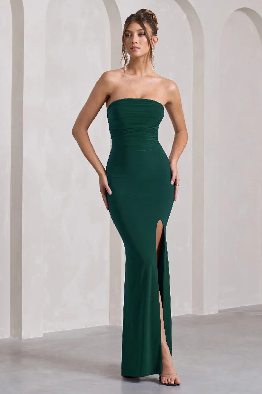 Women's Everyday Garments Elevated Style Midnight Calling | Bottle Green Bandeau Split Lace-Up Maxi Dress