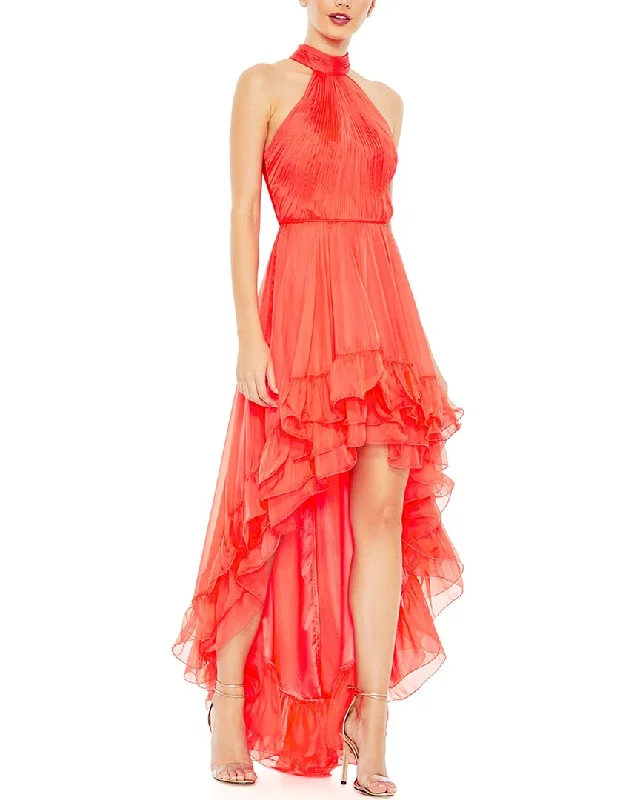 Women's Clothes For Special Occasions Feminine Allure Mac Duggal Ruffle Tiered High Low Pleated Halter Neck Gown