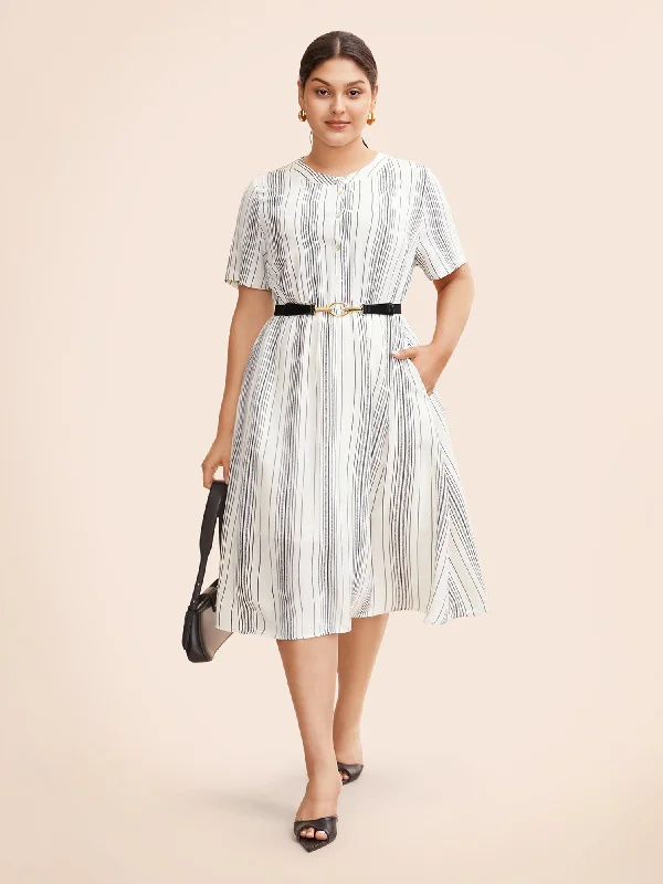 Women's Party Clothes Modern Romance Round Neck Striped Button Up Midi Dress