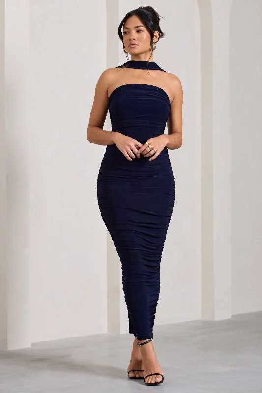 Women's Elegant Apparel Vintage Elegance Entranced | Navy Ruched Bandeau Maxi Dress With Halter Collar