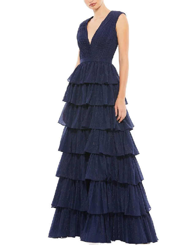 Women's Sporty Clothes Feminine Elegant Mac Duggal Sleeveless Plunge Neck Ruffle Tiered Gown