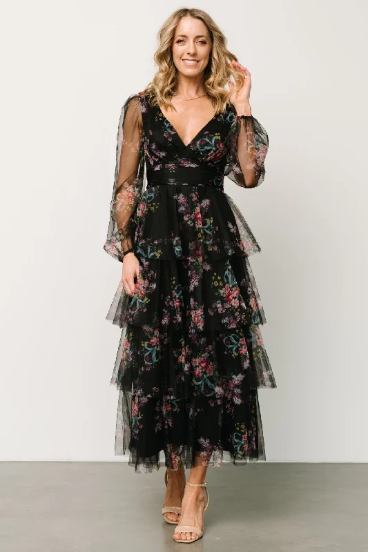 Women's Trendy Outfit Feminine Elegant Carolina Tulle Tiered Maxi Dress | Black Floral