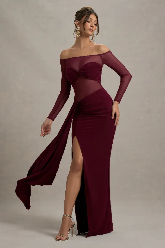 Women's Clothes And Apparel Sets Flowing Silhouette Cover Star | Burgundy Mesh Bardot Long-Sleeve Draped Maxi Dress