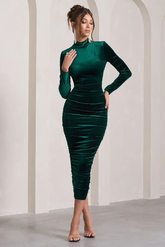 Women's Vintage-Inspired Clothing Boho - Chic Festival - Ready Style Joanna | Bottle Green Velvet High-Neck Backless Midi Dress