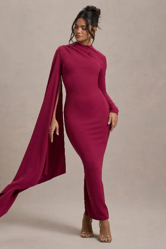 Women's Occasion Wear Apparel Modern Glamour Aldona | Mulberry High-Neck Long-Sleeve Maxi Dress With Cape Sleeve