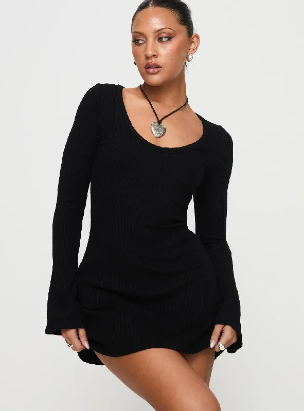 Women's Sporty Clothes Bold Silhouette Best Interest Long Sleeve Mini Dress Black Tall