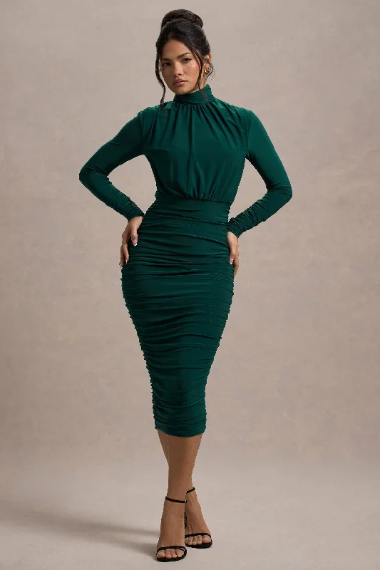 Fashionable Women's Outfit Exquisite Craftsmanship Dasha | Bottle Green Ruched High-Neck Long-Sleeve Midi Dress