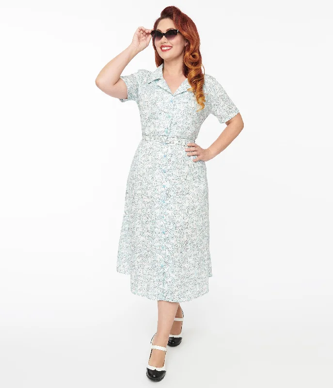 Women's Festive Attire Chic Urban Fashion Look 1940s Light Blue & White Cat Print Cotton Midi Dress