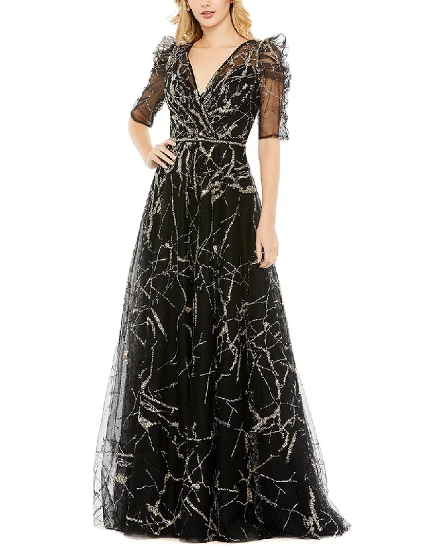 Formal Clothing For Women Seasonal Trend Mac Duggal Embellished Gathered Puff Sleeve Faux Wrap Gown