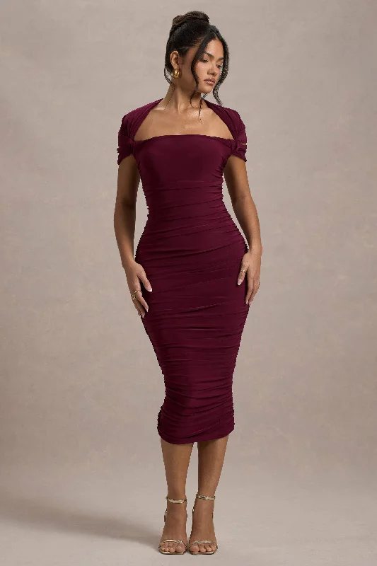 Women's Contemporary Clothing Classic Timeless Elegant Style Paxos | Burgundy Ruched Short-Sleeve Midi Dress