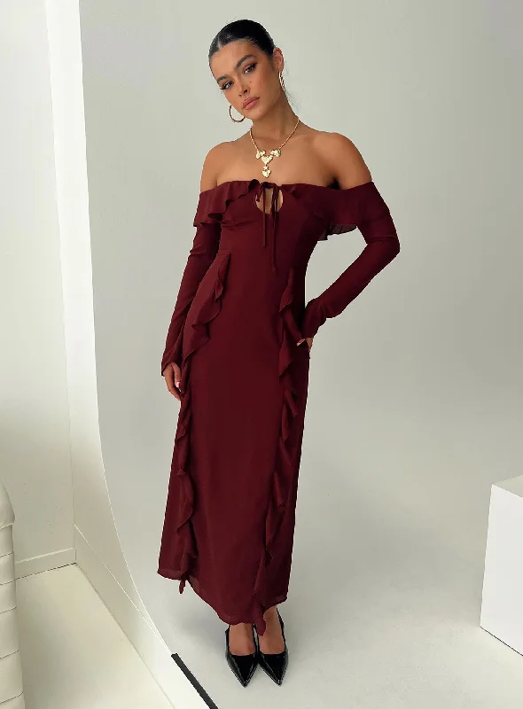 Fashionable Women's Casual Apparel End - of - Month Blowout Molins Off The Shoulder Maxi Dress Burgundy