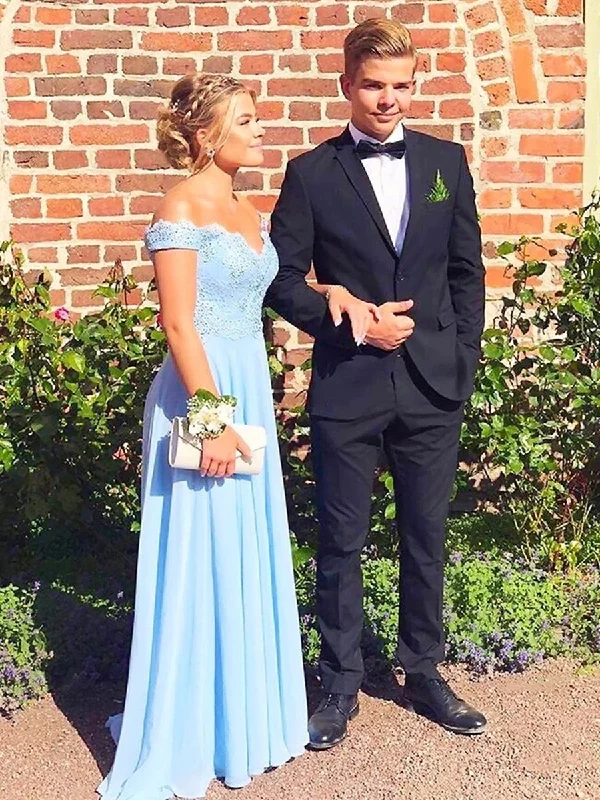 Women's Professional Outfit Charming Silhouette Off Shoulder Light Blue Lace Long Prom Dresses, Off Shoulder Lace Blue Bridesmaid Dresses, Off the Shoulder Blue Formal Dresses, Blue Evening Dresses