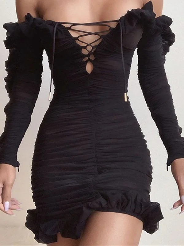 Women's Outerwear Garments Limited - Stock Off shoulder Ruffle Lace Up Bodycon Dress -Black