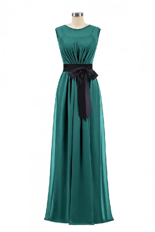 Women's Holiday Clothing Classic Charm Hunter Green Crew Neck Belted Long Bridesmaid Dress