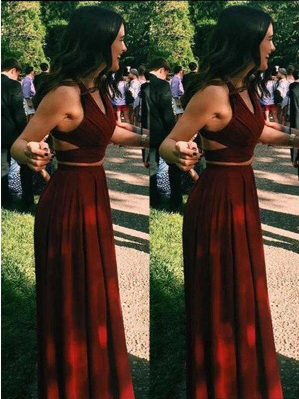 Women's Clothing For Casual Outings Seasonal Trend A Line Two Pieces Maroon Long Prom Dresses, Two Pieces Maroon Bridesmaid Dresses