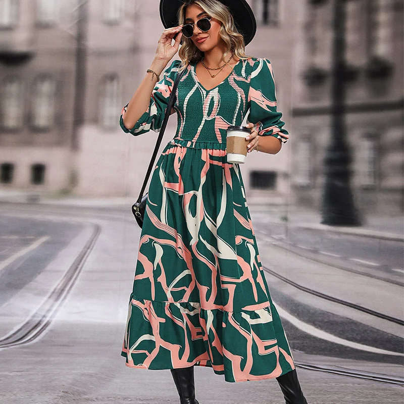 Women's Office Attire Early Access to Art Deco Styles Sale IKEARLAX New Hot Trade Cross-border Printed Long Sleeve Dress New Autumn New 2025 Fashion Skirt Women