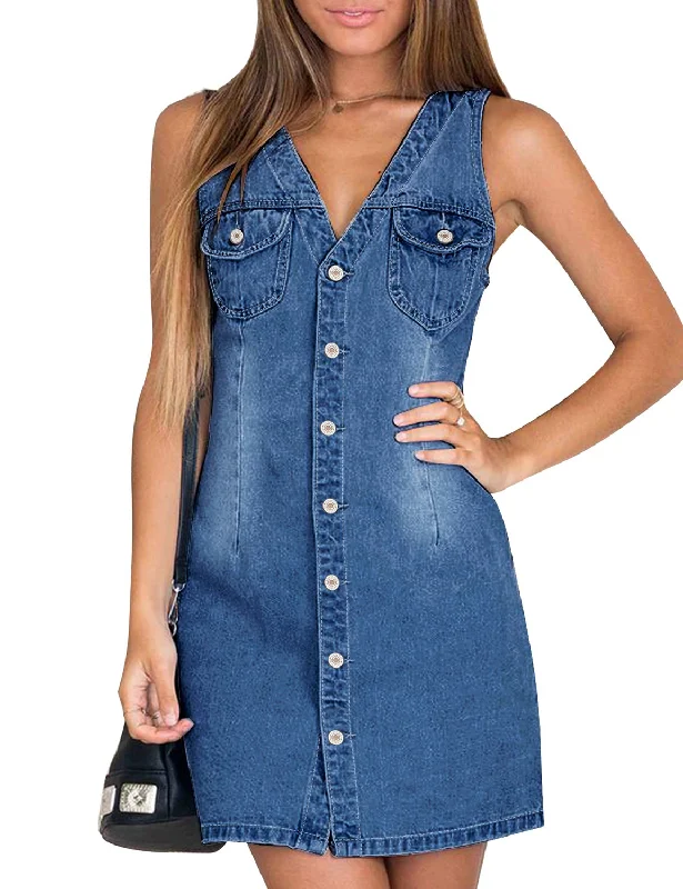 Women's Trendy Activewear Apparel Early Access to Art Deco Styles Sale Women Sleeveless V Neck Button Down Frayed Hem Short Denim Dress