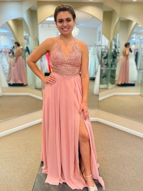 Women's Athletic Outfit Graceful Drape V Neck Backless Pink Lace Long Prom Dresses with Slit, Pink Lace Tulle Bridesmaid Dresses, Pink Formal Graduation Evening Dresses SP2357